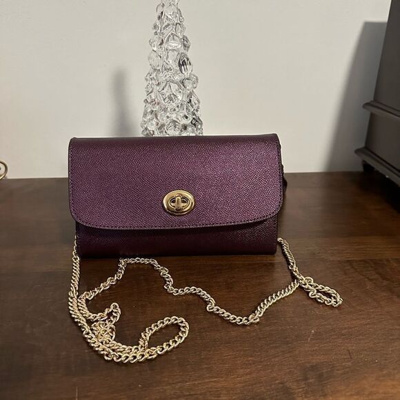 Coach Metallic Raspberry Leather Chain Convertible Crossbody Wristlet - Picture 1 of 8